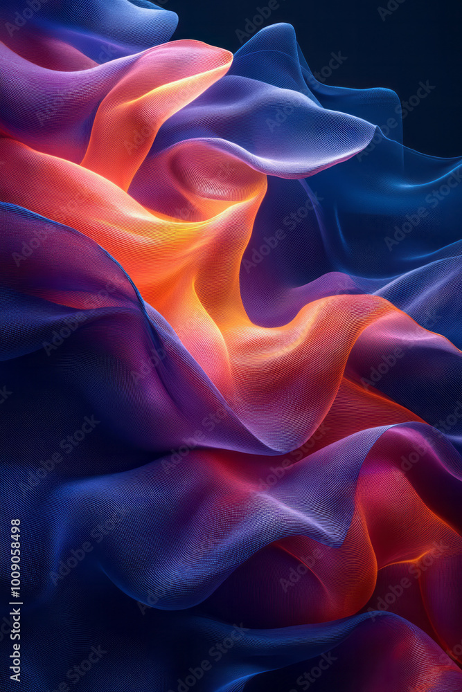 Obraz premium Glowing shapes in deep blue and rich red, flowing together in a smooth abstract design, floating on a dynamic backdrop,
