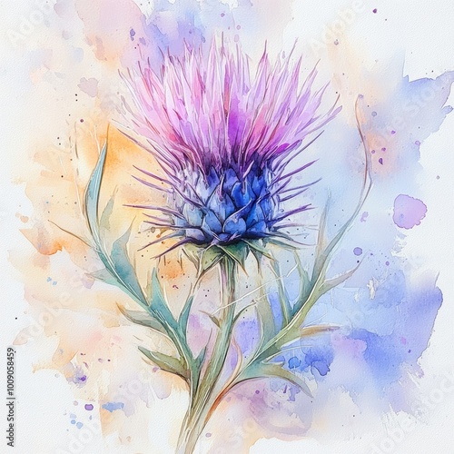 A vibrant watercolor painting of a thistle flower, showcasing rich purple hues and delicate details in a colorful abstract background.