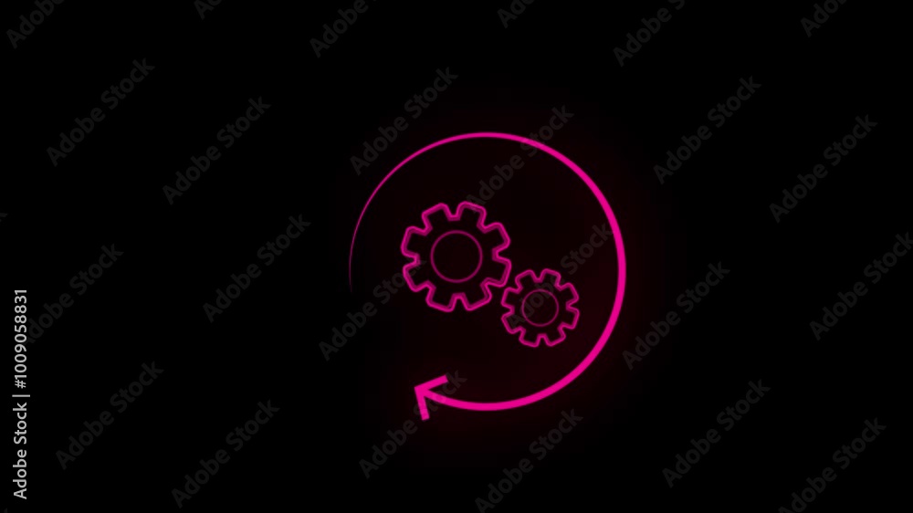 Gears with arrow moving glowing sign technology concept animation on dark background. Gears with arrow moving glowing sign technology concept animation on dark background.