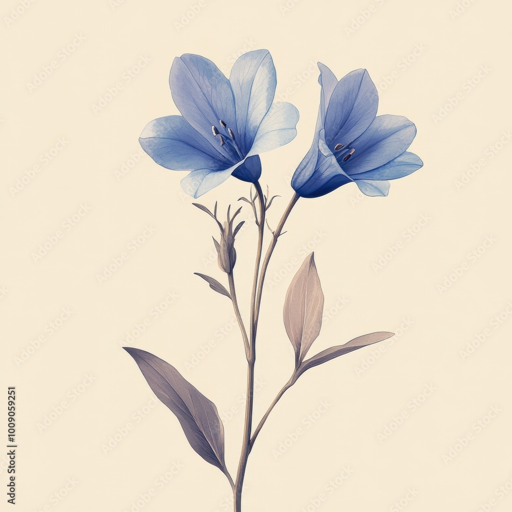 Obraz premium Elegant blue flower with delicate petals and green leaves, perfect for nature-themed projects and designs.