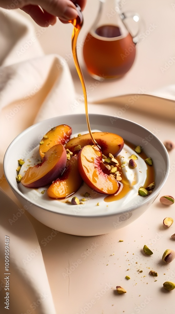 bowl with Greek yogurt with sliced peaches and pistachios bowl with Greek yogurt with sliced peaches and pistachios