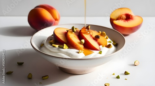 bowl with Greek yogurt with sliced peaches and  pistachios photo