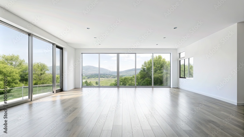 Fototapeta premium Spacious modern living area with large glass windows.