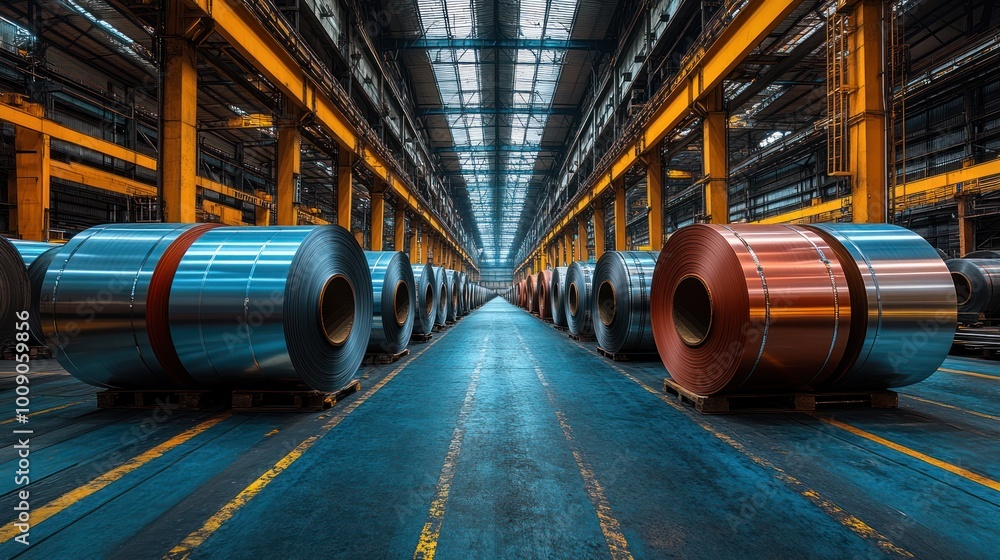 Fototapeta premium Rows of large metal spools inside a large warehouse.