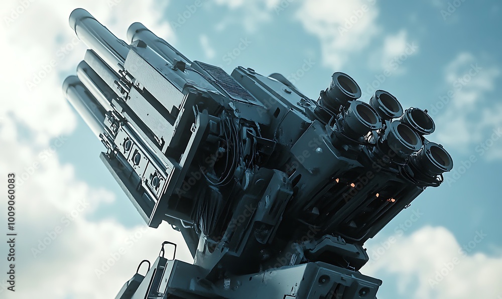 Close-Up of a Modern Missile Launcher Against a Cloudy Sky Close-Up of a Modern Missile Launcher Against a Cloudy Sky
