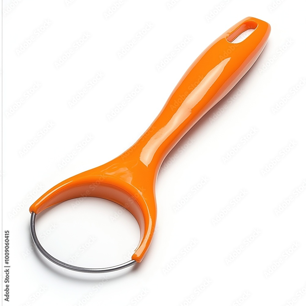 An orange kitchen tool with a circular metal loop, used for various food preparation tasks. An orange kitchen tool with a circular metal loop, used for various food preparation tasks.