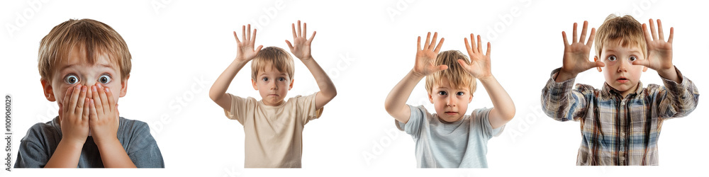 A kid cowering slightly, arms raised in front of their face as if shielding from something scary. isolated on transparency background A kid cowering slightly, arms raised in front of their face as if shielding from something scary. isolated on transparency background