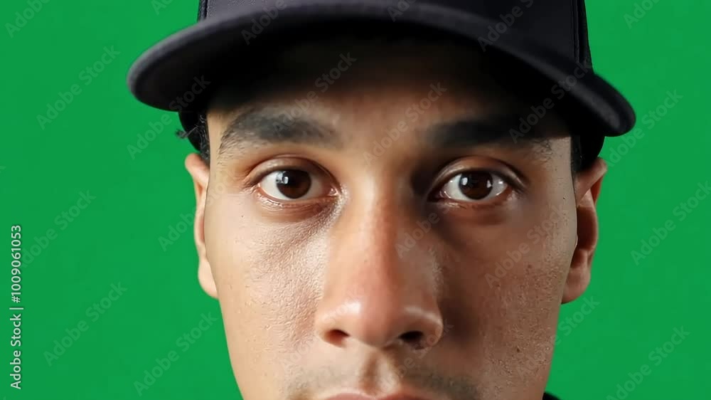 Young adult male model showcases a neutral expression against a green screen background. Wearing a black baseball cap, he presents a serious and contemplative demeanor Young adult male model showcases a neutral expression against a green screen background. Wearing a black baseball cap, he presents a serious and contemplative demeanor