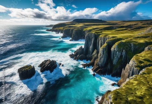 stunning aerial view dramatic coastal waves powerfully crashing rugged rocks under clear blue sky, drone, ocean, shoreline, landscape, sea, water, foam