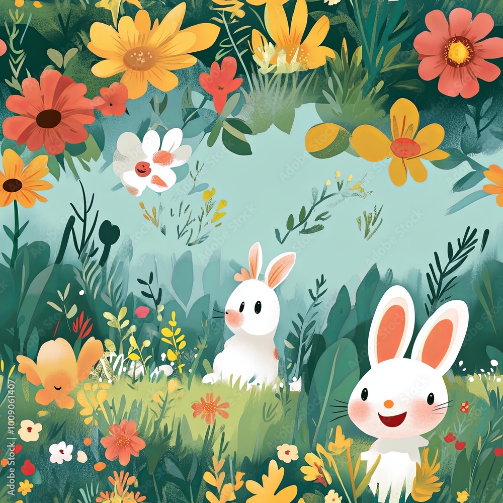 Bunnies Playing in a Flower Meadow. Bunnies Playing in a Flower Meadow.