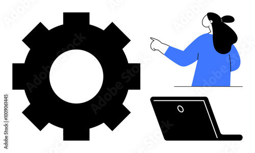 A large gear symbol, pointing figure, and laptop hint at themes of technology, operations, work efficiency, and communication. Ideal for business, technology, teamwork, operations, digital