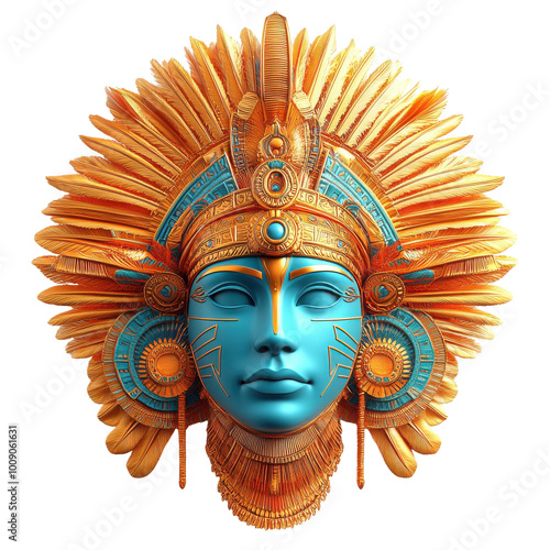 Colorful Aztec-inspired mask with elaborate feathers and blue details, perfect for cultural themes. photo