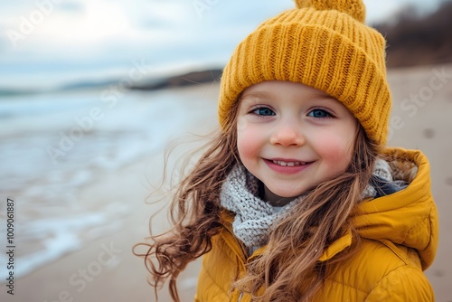Fototapeta Naklejka Na Ścianę i Meble -  Happy little girl in yellow winter clothes smiling at the beach on a cold day..