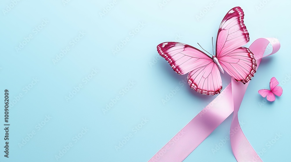 Pink butterfly and ribbon on a light blue background. Pink butterfly and ribbon on a light blue background.