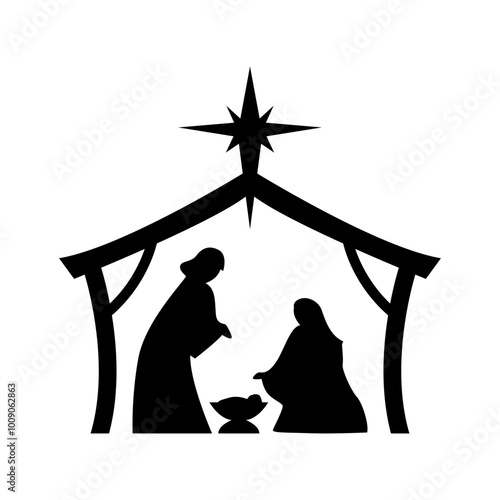 Nativity Scene Silhouette with Joseph, Mary and the Newborn Jesus. Holiday Holly Night. Vector Illustration.