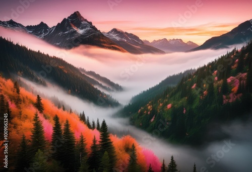 breathtaking view majestic peaks illuminated dawn light over enveloped misty valleys, altitude, landscape, beauty, cloud, air, elevation, exploration, fog