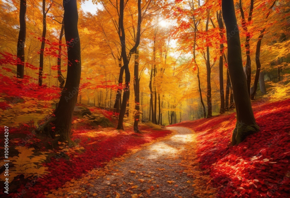 Obraz premium exploring captivating vibrancy autumn foliage rich color palettes scenic natural landscapes, leaves, trees, nature, forest, scenery, season, wood, branches