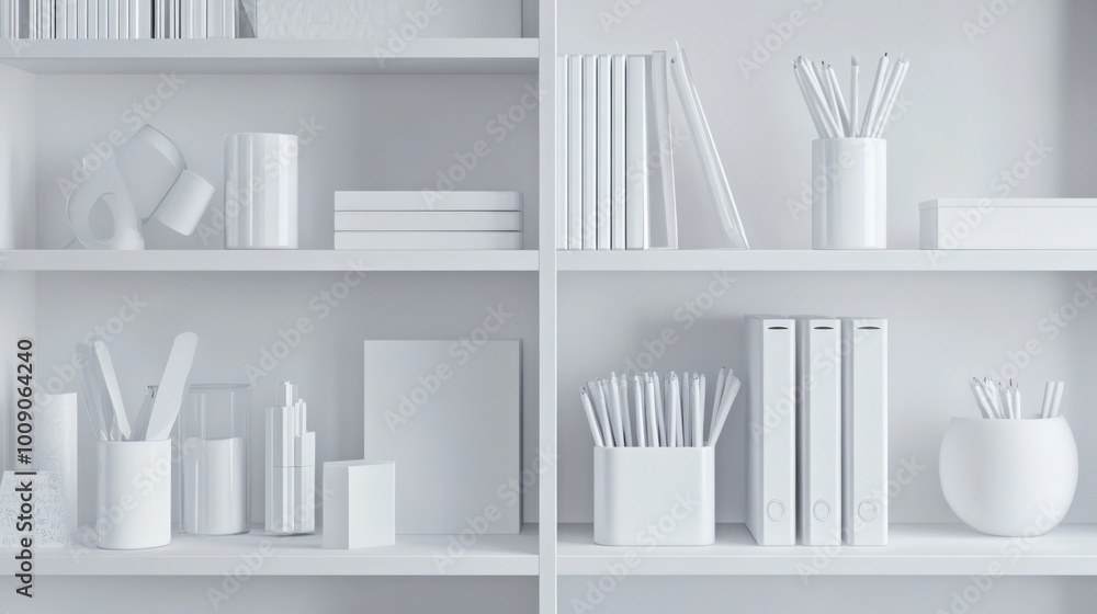 Close-up of white office shelves with different stationery items displayed Close-up of white office shelves with different stationery items displayed
