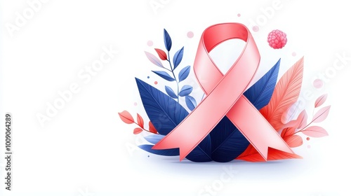 Pink ribbon with blue and red leaves on a white background. photo