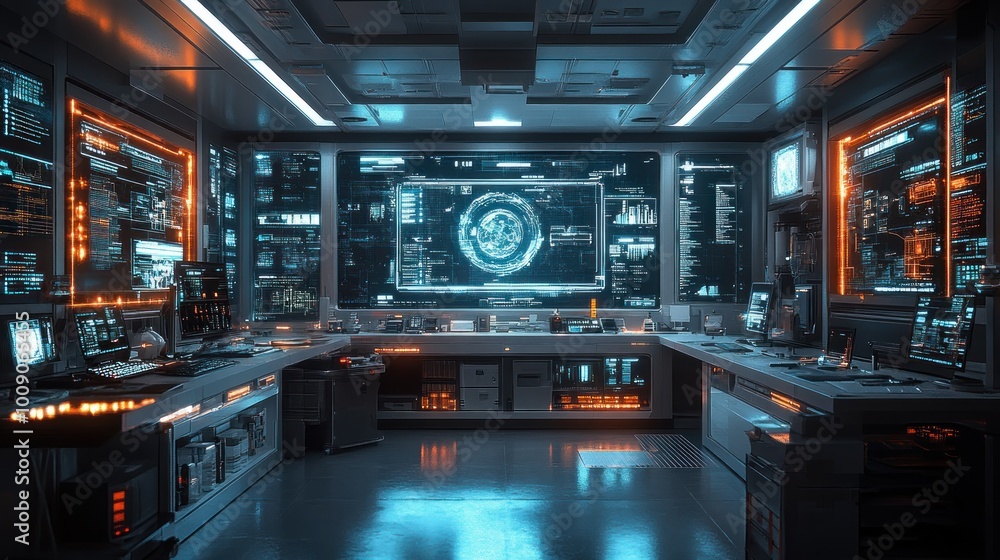 Futuristic control room with advanced technology and screens. Futuristic control room with advanced technology and screens.