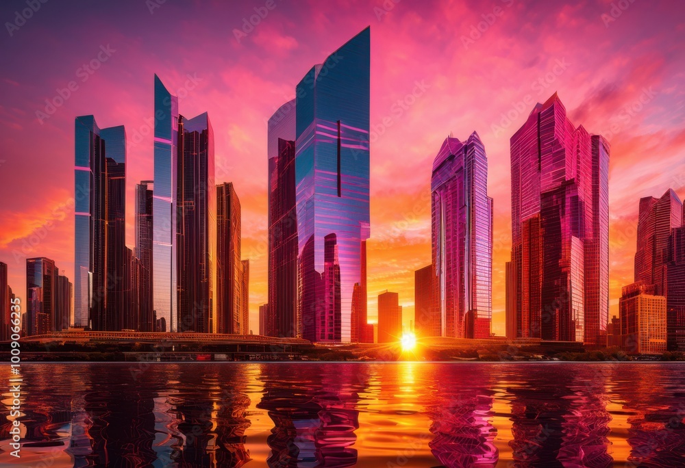 Fototapeta premium breathtaking dynamic cityscape reflections sunset showcasing urban settings vibrant colors architectural wonders, architecture, skyline, building, structure