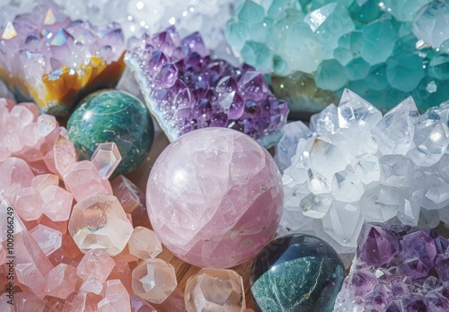 Colorful assortment of crystals and gemstones on a light background, featuring various shapes and colors, including pink, purple, and green hues photo