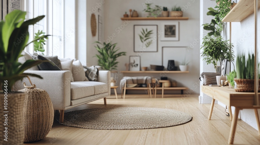 Fototapeta premium Modern Living Room Interior with Natural Tones and Plants