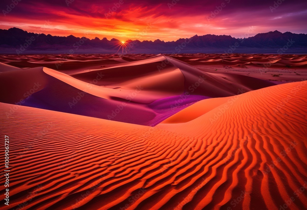 Naklejka premium captivating desert dunes under vibrant sunset showcasing textures colors, nature, sand, landscape, sky, clouds, light, shadow, evening, formation, beauty