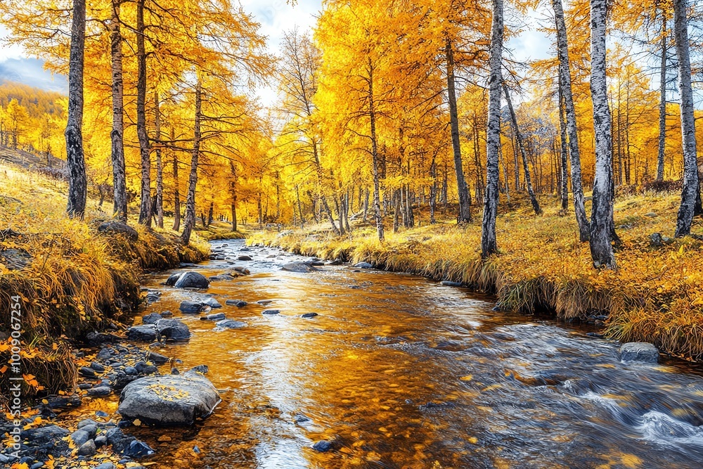 Serene autumn forest with vibrant golden leaves and a flowing stream, capturing the essence of fall's beauty and tranquility.