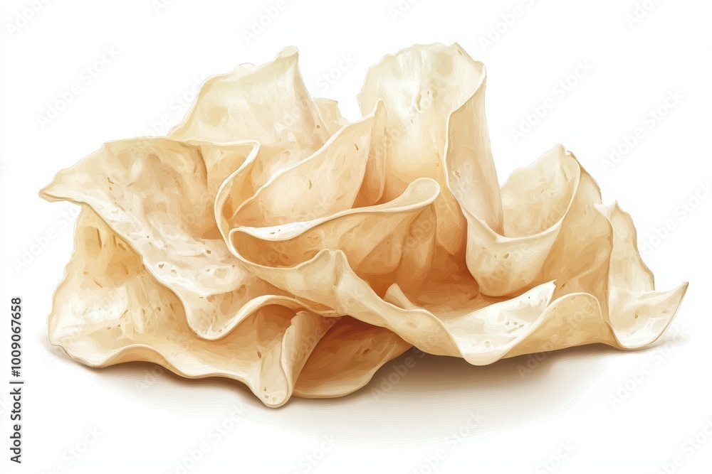 A close-up view of a beautiful, delicate, and textured cream-colored mushroom, showcasing its intricate layers and organic form, white background A close-up view of a beautiful, delicate, and textured cream-colored mushroom, showcasing its intricate layers and organic form, white background