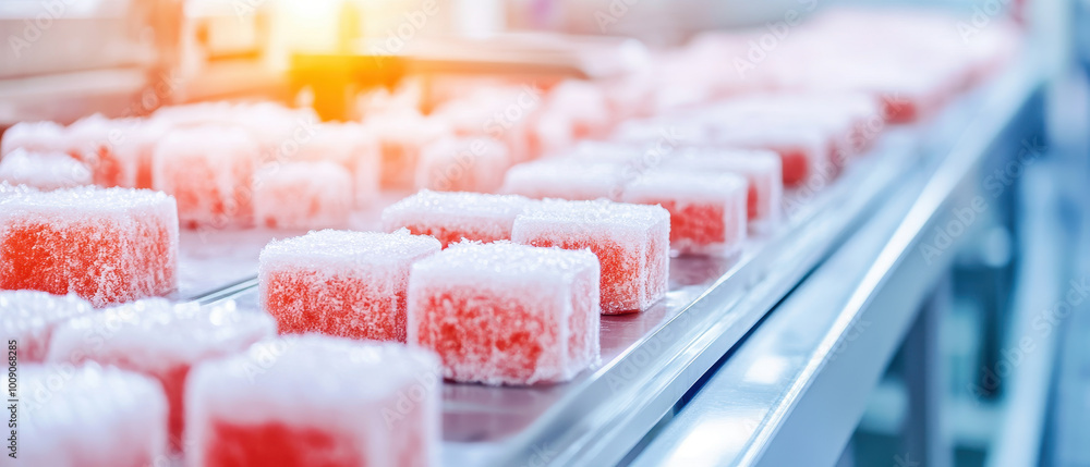 Frozen meat cubes arranged on a conveyor belt in a modern food processing facility, showcasing industrial refrigeration techniques. Frozen meat cubes arranged on a conveyor belt in a modern food processing facility, showcasing industrial refrigeration techniques.