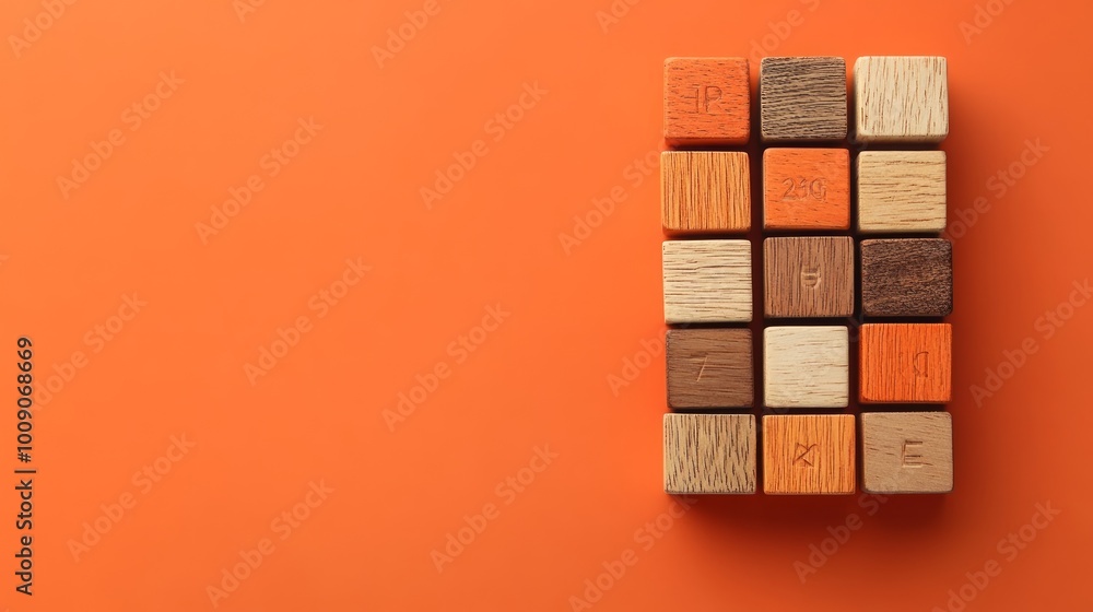 Wooden blocks with letters arranged in a grid on a bright orange background, leaving space for text. Wooden blocks with letters arranged in a grid on a bright orange background, leaving space for text.