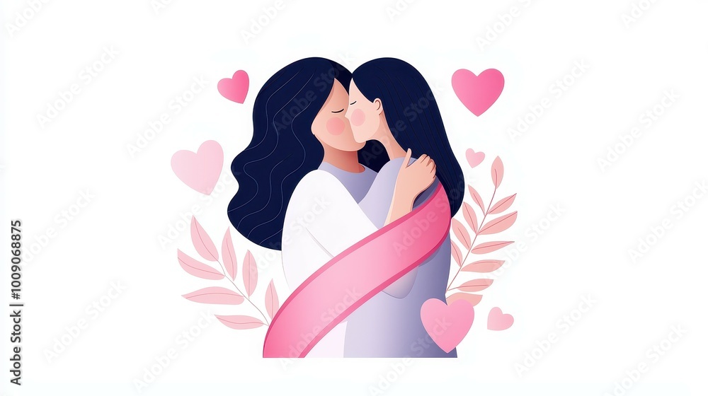 Two women embrace and kiss surrounded by hearts and floral accents. Two women embrace and kiss surrounded by hearts and floral accents.