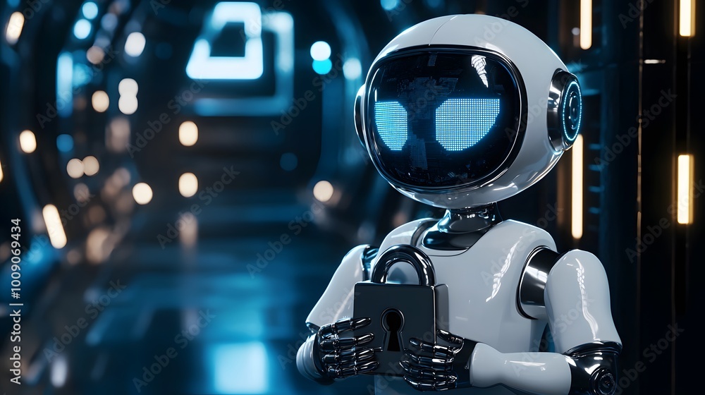 AI Assistant Avatar Holding a Digital Lock in 3D Space AI Assistant Avatar Holding a Digital Lock in 3D Space