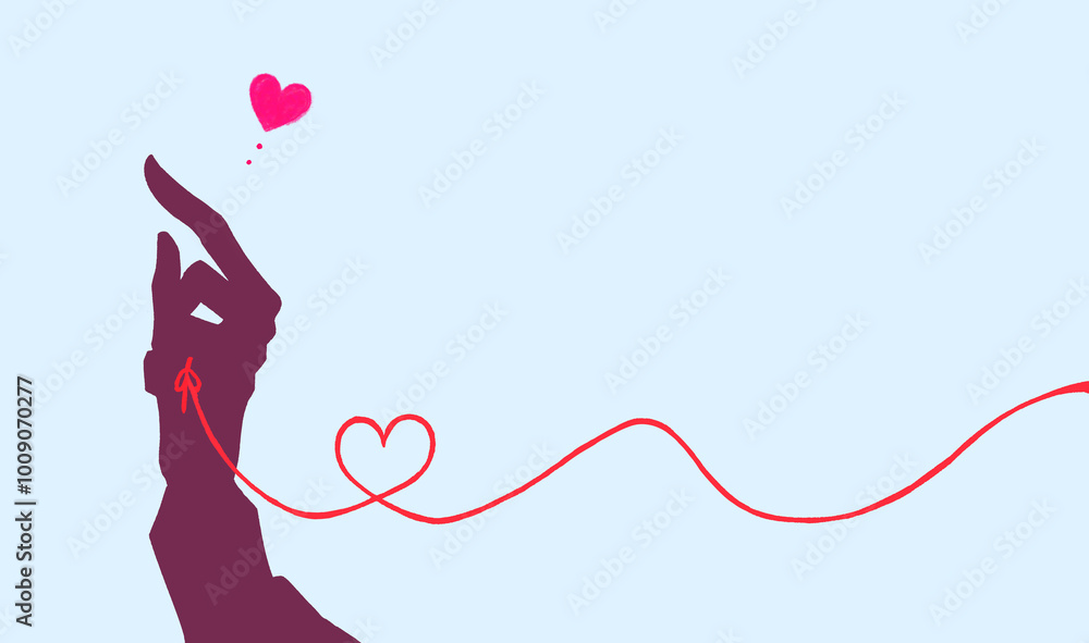 運命の赤い糸を結んでいる男性の手　影絵