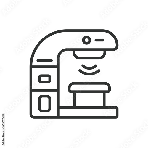 X-ray machine, in line design. Radiology, medical imaging, diagnostic tool, healthcare equipment, X-ray scan, imaging technology on white background vector. X-ray machine editable stroke icon