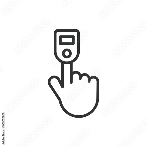 Pulse oximeter, in line design. Blood oxygen, SpO2 measurement, oxygen saturation, heart rate monitor, finger oximeter, medical device on white background vector. Pulse oximeter editable stroke icon