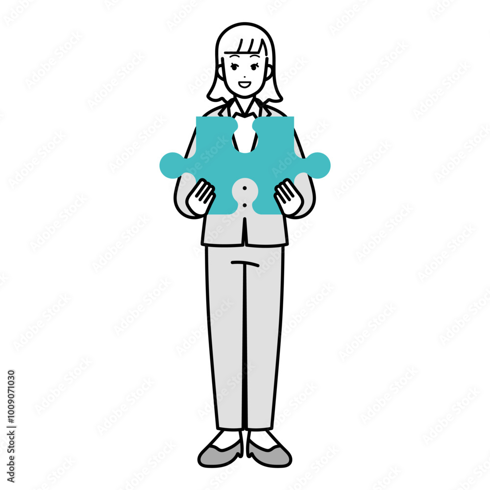 Illustration of business person with puzzle, full body. Illustration of business person with puzzle, full body.
