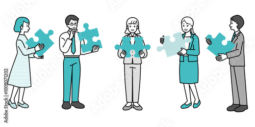 Illustration of business people with puzzle, full body.