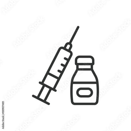 Vaccine, in line design. Vaccine, vaccination, syringe, immunization, covid vaccine, flu shot, medical injection on white background vector. Vaccine, in line design, editable stroke icon