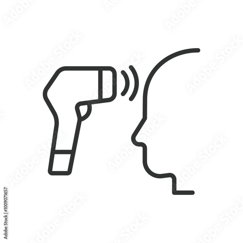 Temperature check, in line design. Thermometer, body temperature, fever check, infrared thermometer on white background vector. Temperature check, in line design, editable stroke icon.