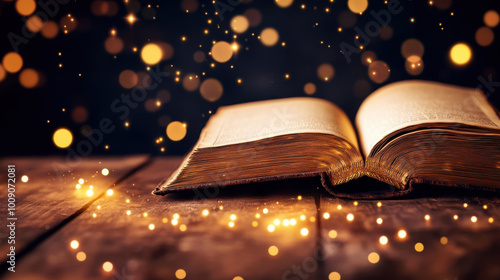 An open book on a wooden table illuminated by sparkling lights, evoking a sense of magic and wonder in reading and knowledge.