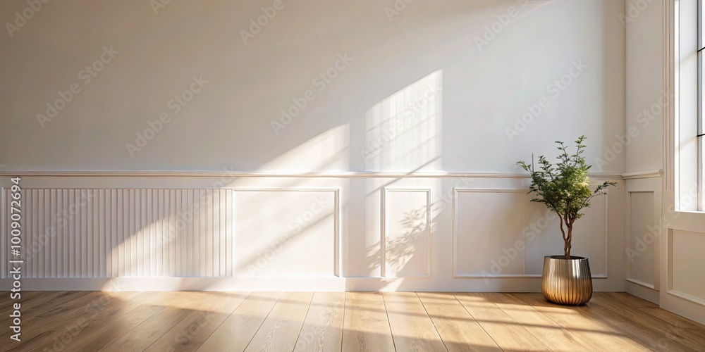 Sunlit empty room with a potted plant in the corner. Sunlit empty room with a potted plant in the corner.