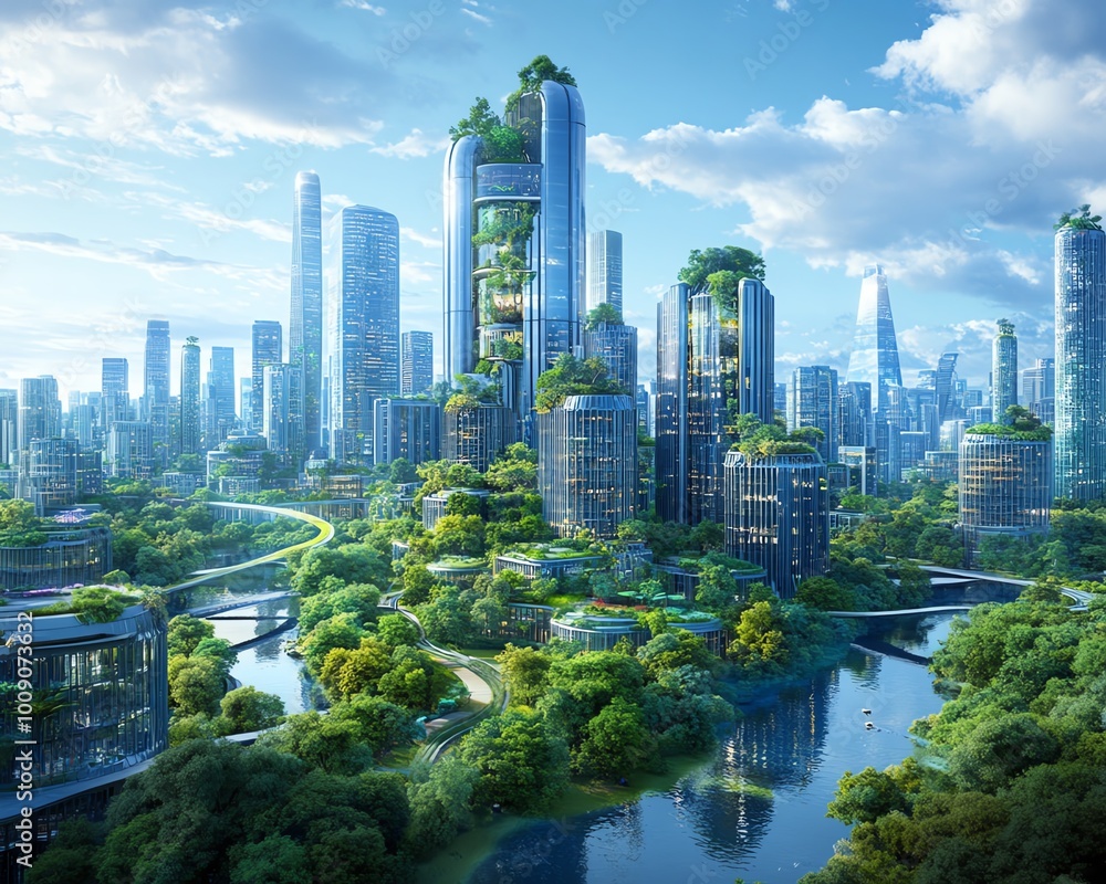 Obraz premium Futuristic green cityscape with lush vegetation, towering skyscrapers, blue skies, reflecting water bodies, and modern architectural design.