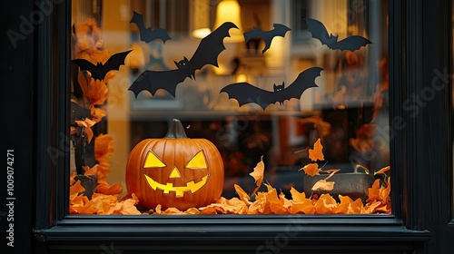 A spooky Halloween window display with cut-out bats, orange and black streamers, and a flickering jack-o-lantern glowing in the evening light.