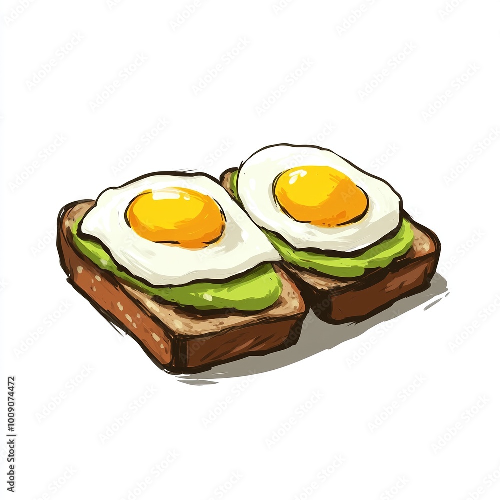 Two slices of bread topped with avocado and fried eggs, showcasing a delicious breakfast option. Two slices of bread topped with avocado and fried eggs, showcasing a delicious breakfast option.