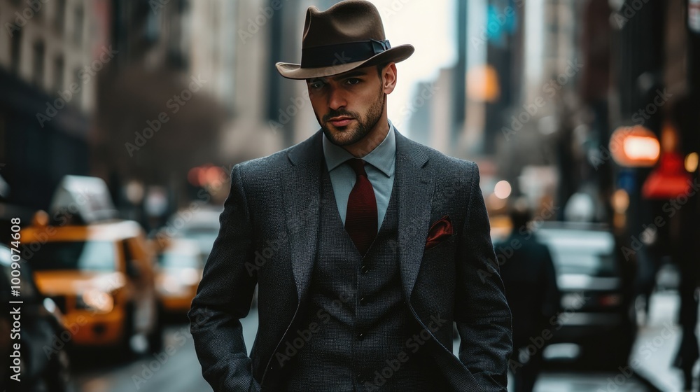 A stylish man in a tailored suit and a fedora, walking confidently down a busy city street. A stylish man in a tailored suit and a fedora, walking confidently down a busy city street.