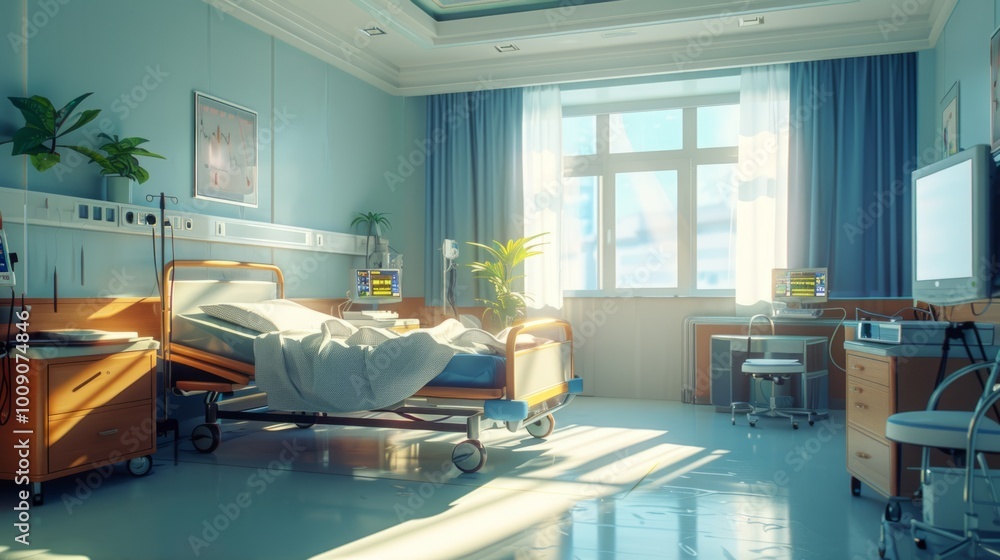 A hospital room with a bed, a television, and a plant A hospital room with a bed, a television, and a plant