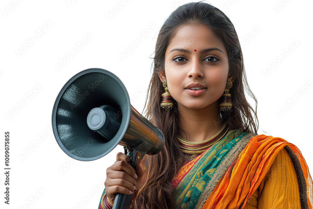 Confident Indian Woman in Sari Holding Megaphone Confident Indian Woman in Sari Holding Megaphone