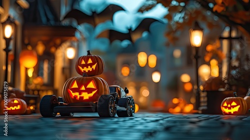 Fototapeta Naklejka Na Ścianę i Meble -  A toy car carrying a funny, carved pumpkin as it drives through a street lined with fake bats and glowing Halloween lanterns.